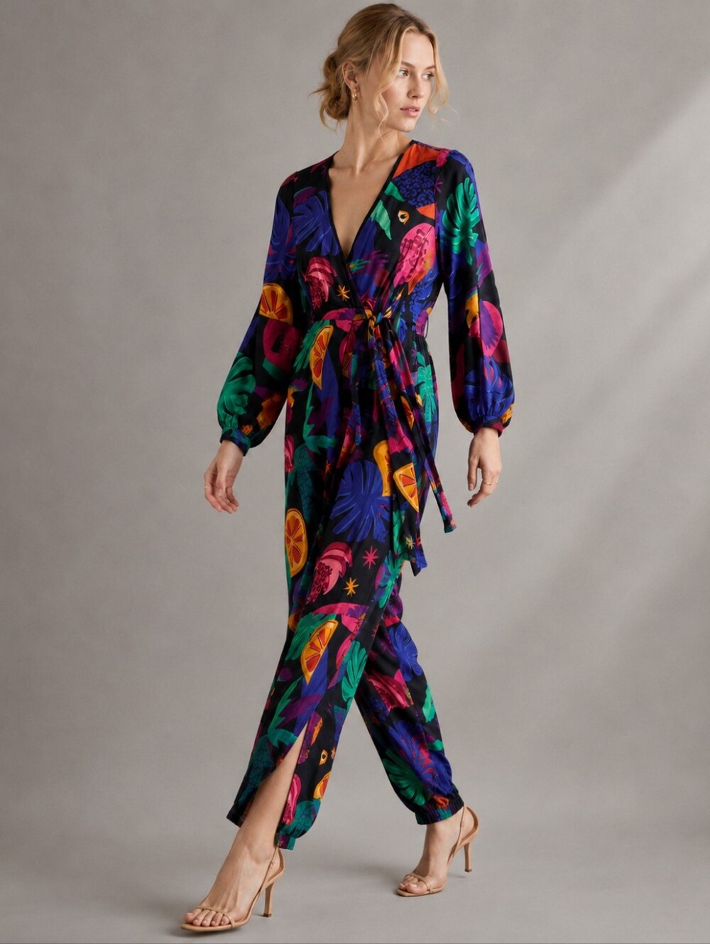 FARM Rio Multicolor Tropical Floral Print Wrap Split Leg Jumpsuit Womens Size XS